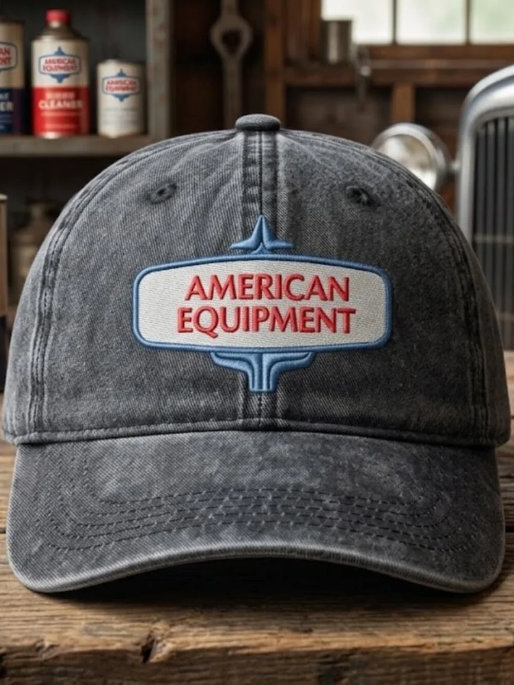 American Equipment Embroidered Washed Denim Dad Hat Vintage Workwear Cap Retro